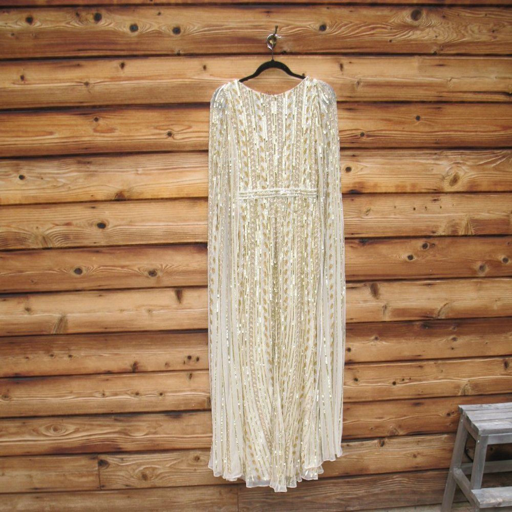 NWT Mac Duggal 5915 SEQUINED V-NECK GOWN Dress WITH CAPE SLEEVES Nude Silver 8 - Picture 10 of 15
